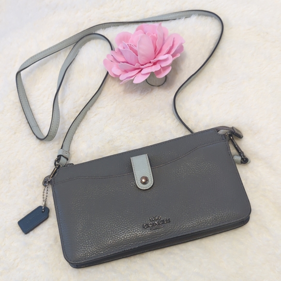 Coach Handbags - Coach Pebbled Leather Crossbody Bag Removeable Strap Dark Gray Light Gray Accent